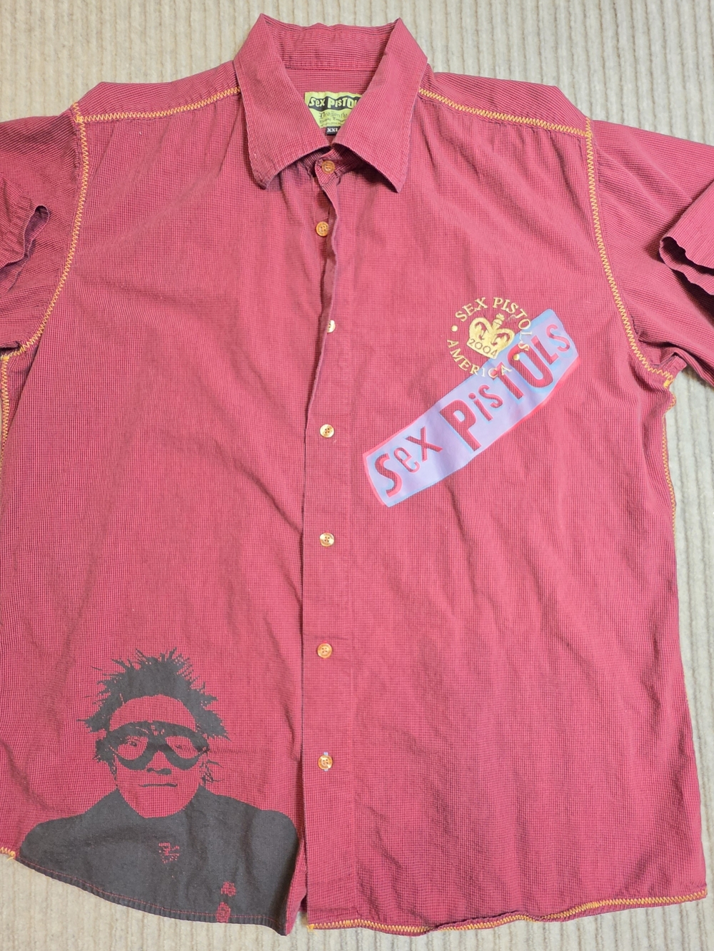 Rare Vintage SexPistols Short Sleeve Button Up Camp Shirt XXL Maroon 2004